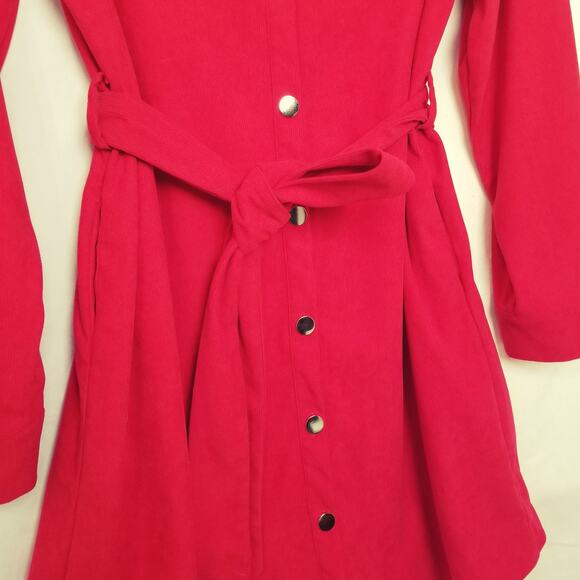 BTFBM Women's Red Corduroy Button Up Shirt Dress Pockets Tie Waist Long Slv Sz L - Picture 5 of 8
